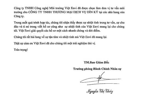 THƯ ĐÁNH GIÁ CHUỖI NHÀ HÀNG DIN KÝ 1