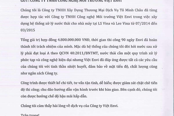 THƯ ĐÁNH GIÁ TẬP ĐOÀN DỆT MAY HÀN QUỐC TÔ MINH CHÂU 1